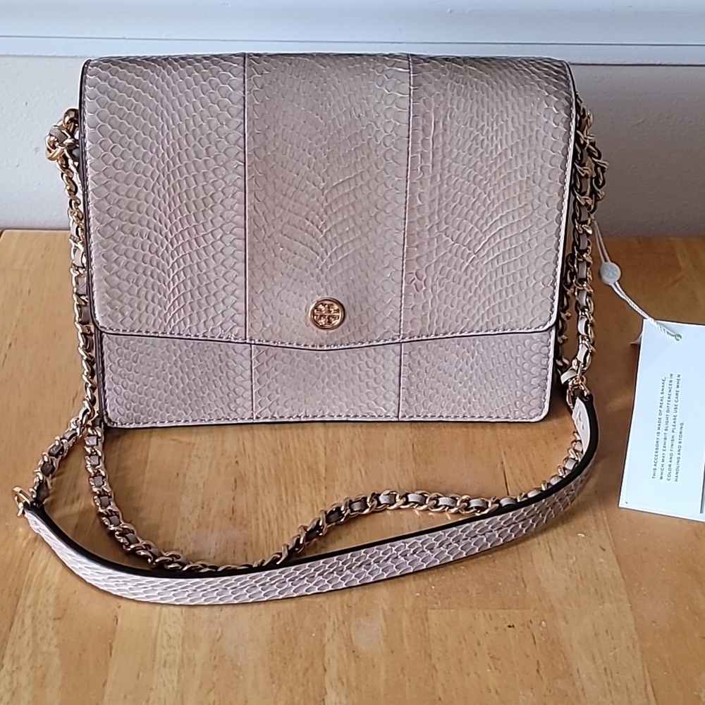 Tory Burch Robinson Exotic Snake Leather Convertible Shoulder Bag in Light Taupe